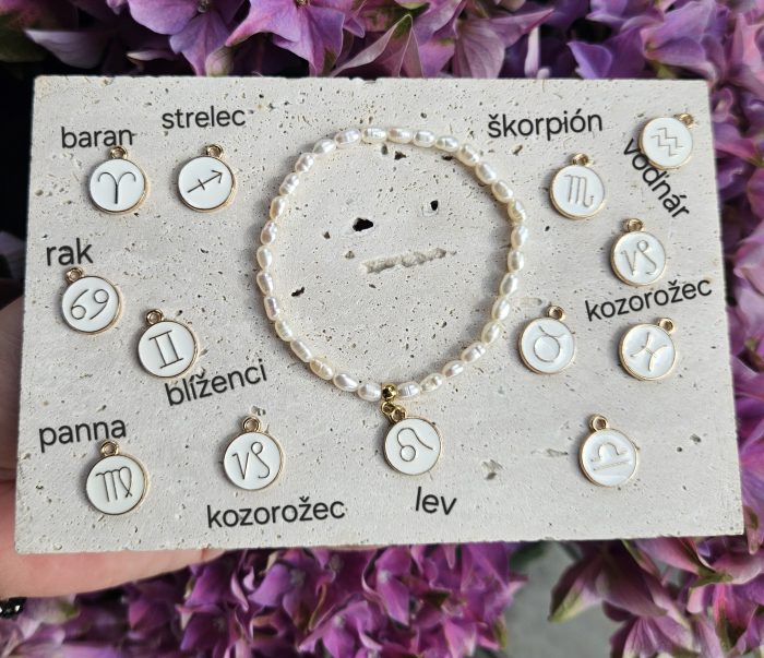 Perly riečne biele náramok 6mm, ZNAMENIE ZVEROKRUHU zlatý – Obrázok 2