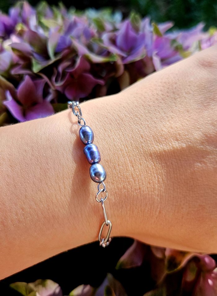 Perly riečne čierne náramok - 3perly , strieborná chir.oceľ – Obrázok 3