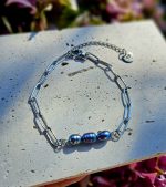 Perly riečne čierne náramok - 3perly , strieborná chir.oceľ