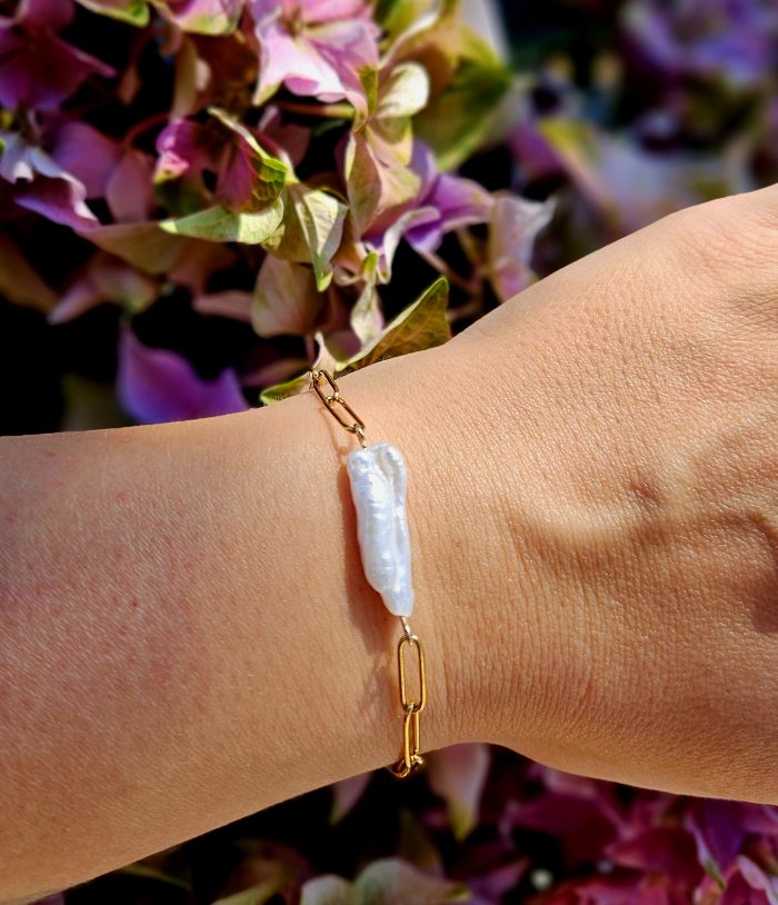 Perly riečne biele náramok - 1perla dlhá , zlatá chir.oceľ – Obrázok 2