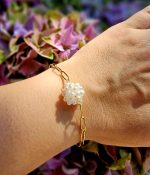 Perly riečne biele náramok - 1 perla kvet, zlatá chir.oceľ – Obrázok 2