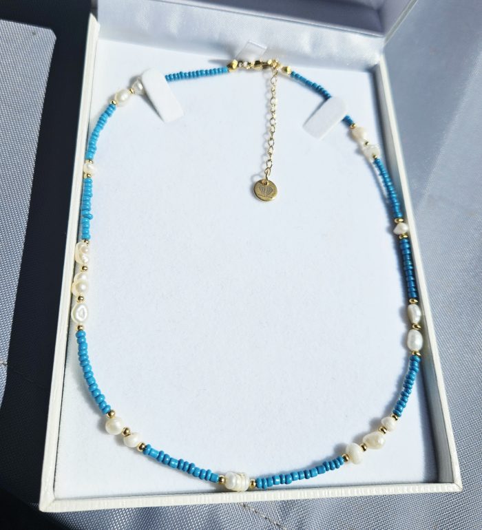 Perly riečne biele náhrdelník zlato/tyrkysový – Obrázok 2