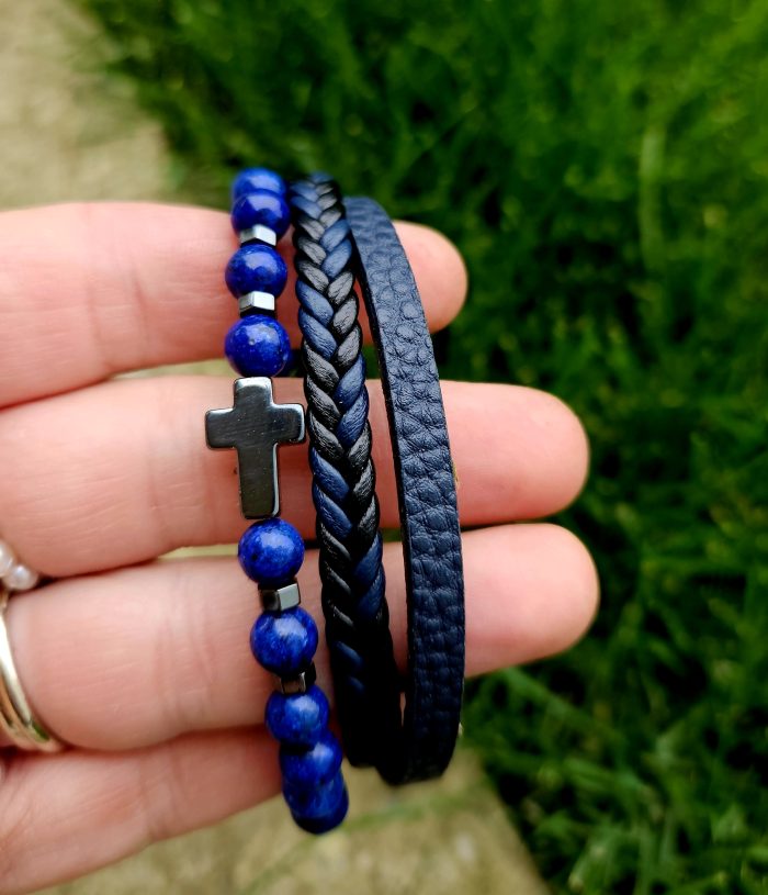 Pánsky náramok LAPIS LAZULI + koženka 20cm – Obrázok 2