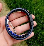 Pánsky náramok LAPIS LAZULI + koženka 20cm – Obrázok 3