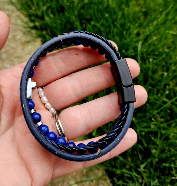 Pánsky náramok LAPIS LAZULI + koženka 20cm – Obrázok 3