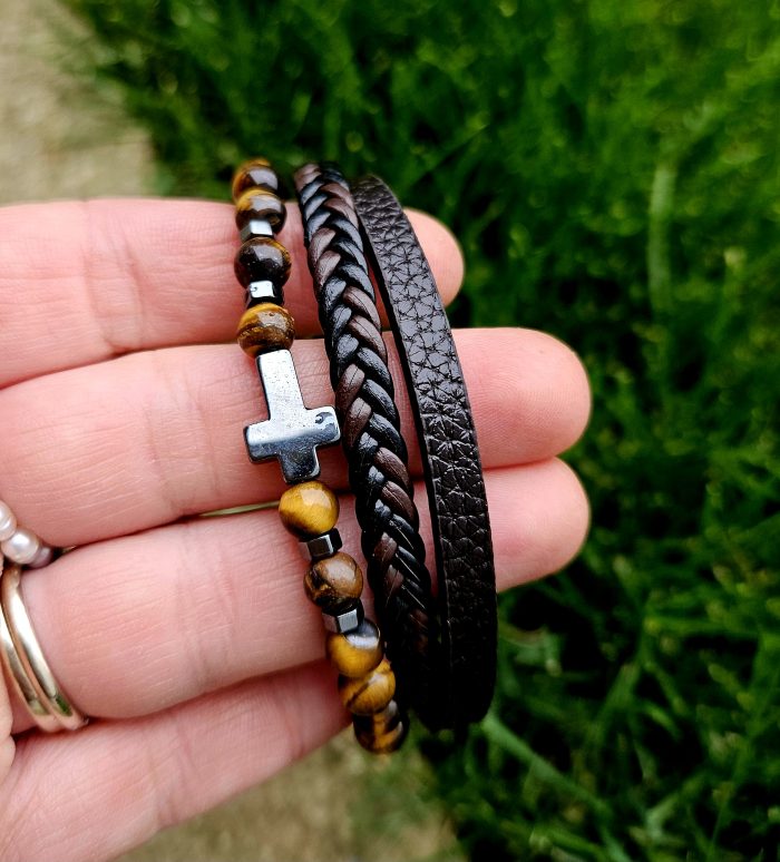 Pánsky náramok TIGRIE OKO + koženka 20cm – Obrázok 2