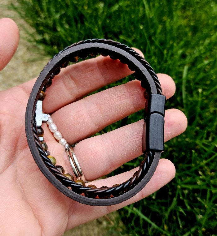 Pánsky náramok TIGRIE OKO + koženka 20cm – Obrázok 3