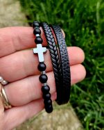 Pánsky náramok ÓNYX + koženka 20cm – Obrázok 2