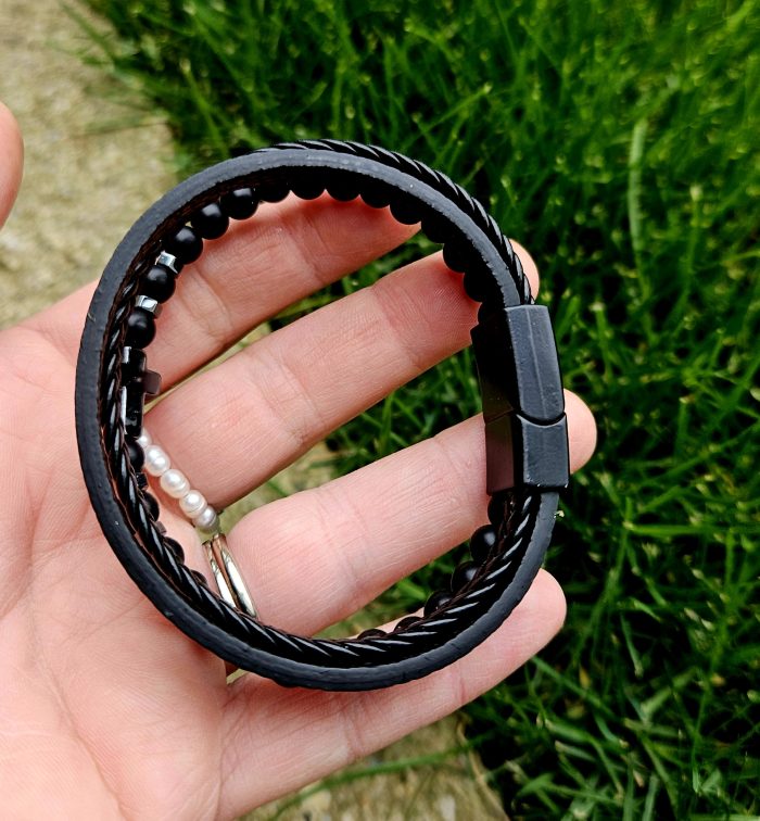 Pánsky náramok ÓNYX + koženka 20cm – Obrázok 3