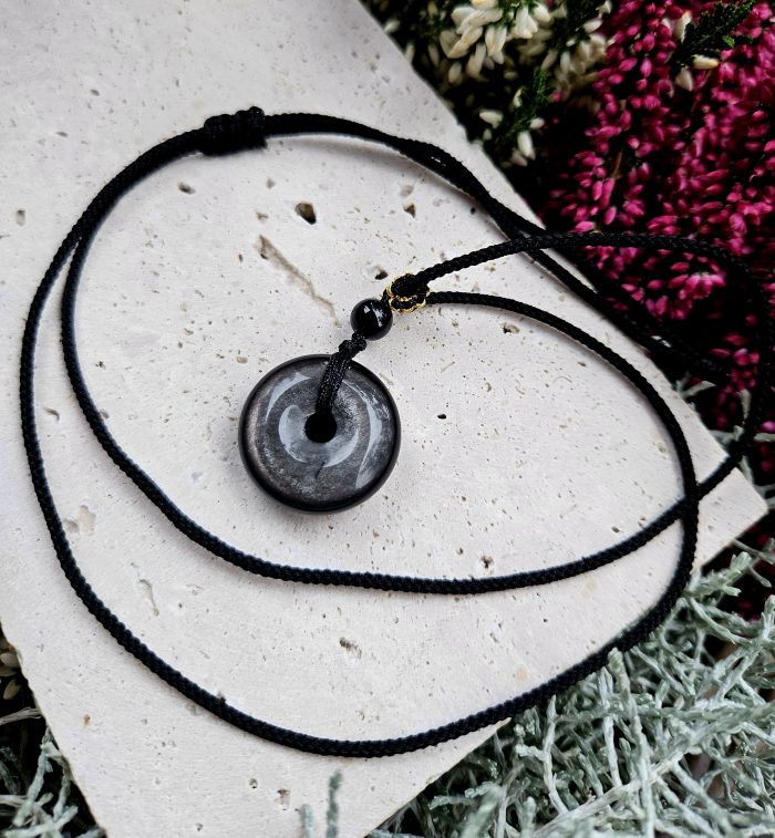 Obsidián strieborný privesok DONUT na šnúrke – Obrázok 2