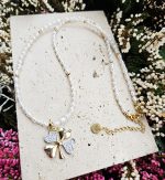 Perly riečne biele náhrdelník zlatý 4-5mm, ŠTVORLÍSTOK so zirkónmi