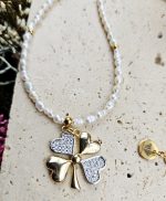 Perly riečne biele náhrdelník zlatý 4-5mm, ŠTVORLÍSTOK so zirkónmi – Obrázok 2