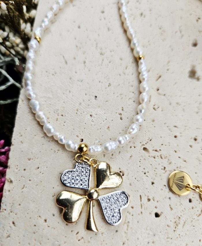 Perly riečne biele náhrdelník zlatý 4-5mm, ŠTVORLÍSTOK so zirkónmi – Obrázok 2