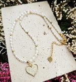 Perly riečne biele náhrdelník zlatý 4-5mm, SRDIEČKO so zirkónmi