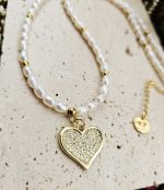 Perly riečne biele náhrdelník zlatý 4-5mm, SRDIEČKO so zirkónmi – Obrázok 2