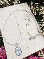 Perly riečne biele náhrdelník strieborný 4-5mm, STROM ŽIVOTA s Perleťou