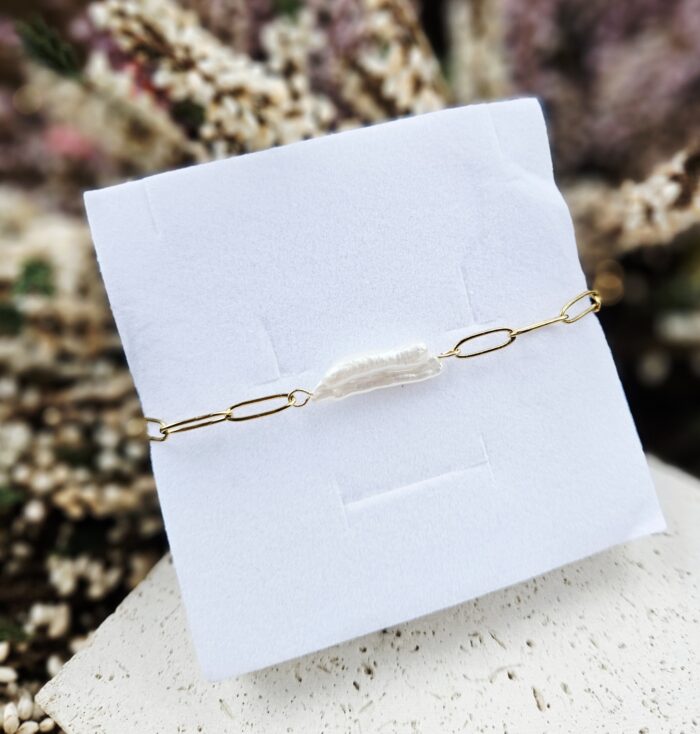 Perly riečne biele náramok - 1perla dlhá , zlatá chir.oceľ – Obrázok 3