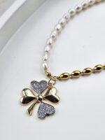 Perly riečne biele náhrdelník zlatý ŠTVORLÍSTOK – Obrázok 2