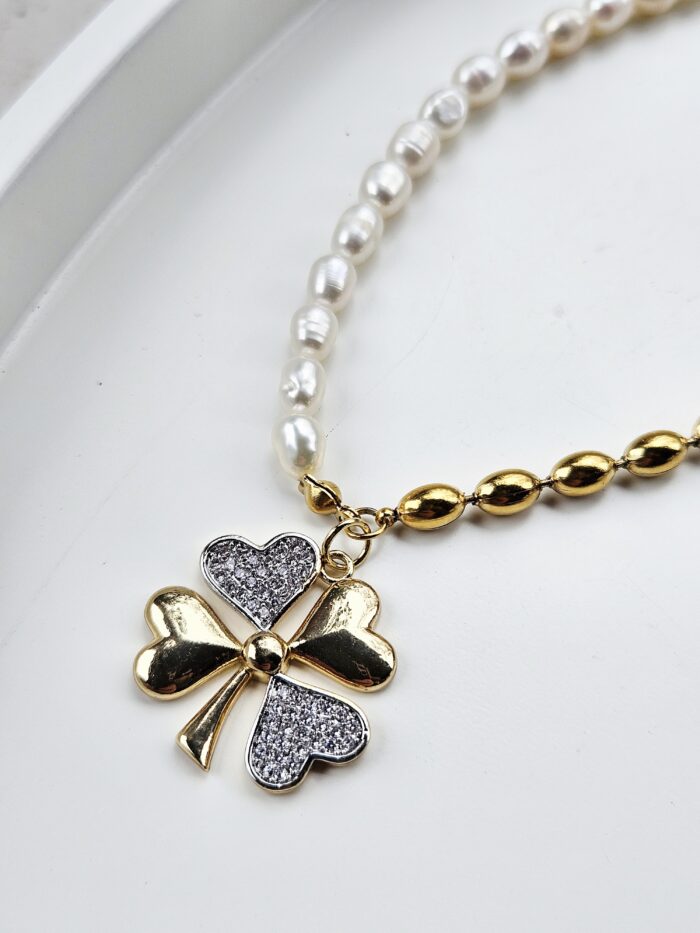 Perly riečne biele náhrdelník zlatý ŠTVORLÍSTOK – Obrázok 2