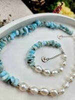 Perly riečne + LARIMAR náhrdelník+náramok – Obrázok 2