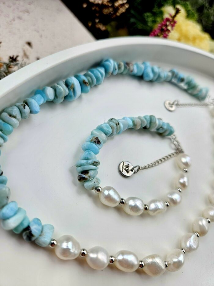 Perly riečne + LARIMAR náhrdelník+náramok – Obrázok 2